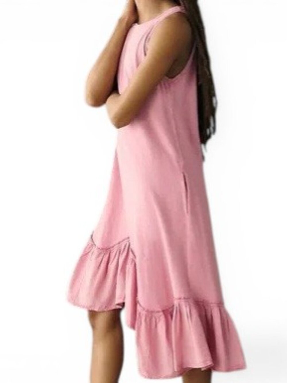 Anthropologie Daily Practice Asymmetrical Midi Dress Women Rose Pink Ruffled S
